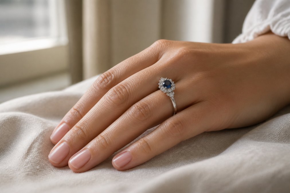 Close-up of a woman's hand wearing a platinum sapphire and diamond cluster ring, resting on a linen cloth in soft window light, showing the deep blue stone and sparkling side diamonds