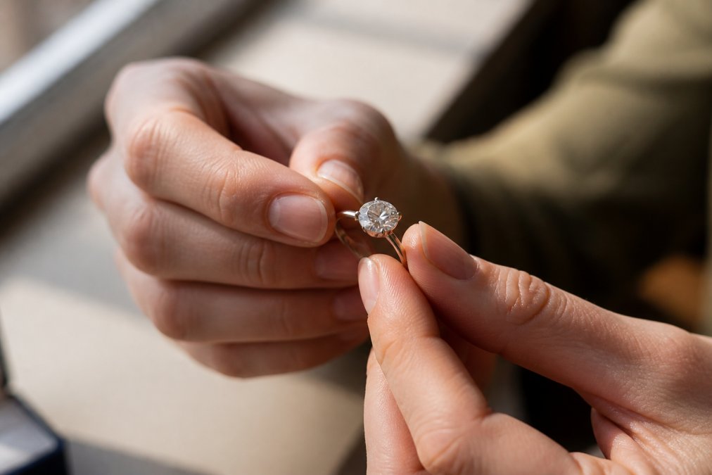 Close-up of hands holding a diamond engagement ring, showing the stone's sparkle and brilliant cut quality under natural daylight streaming through a window