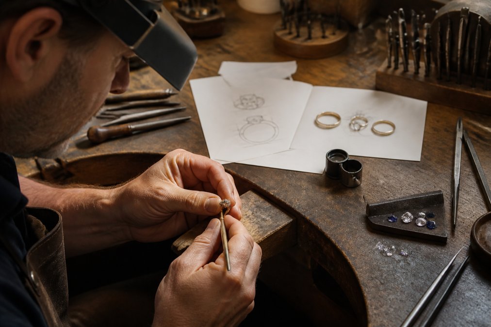 Skilled jeweller working at a wooden workbench, carefully crafting a custom gold ring with jeweller's tools, sketches, and gemstones visible under warm workshop lighting