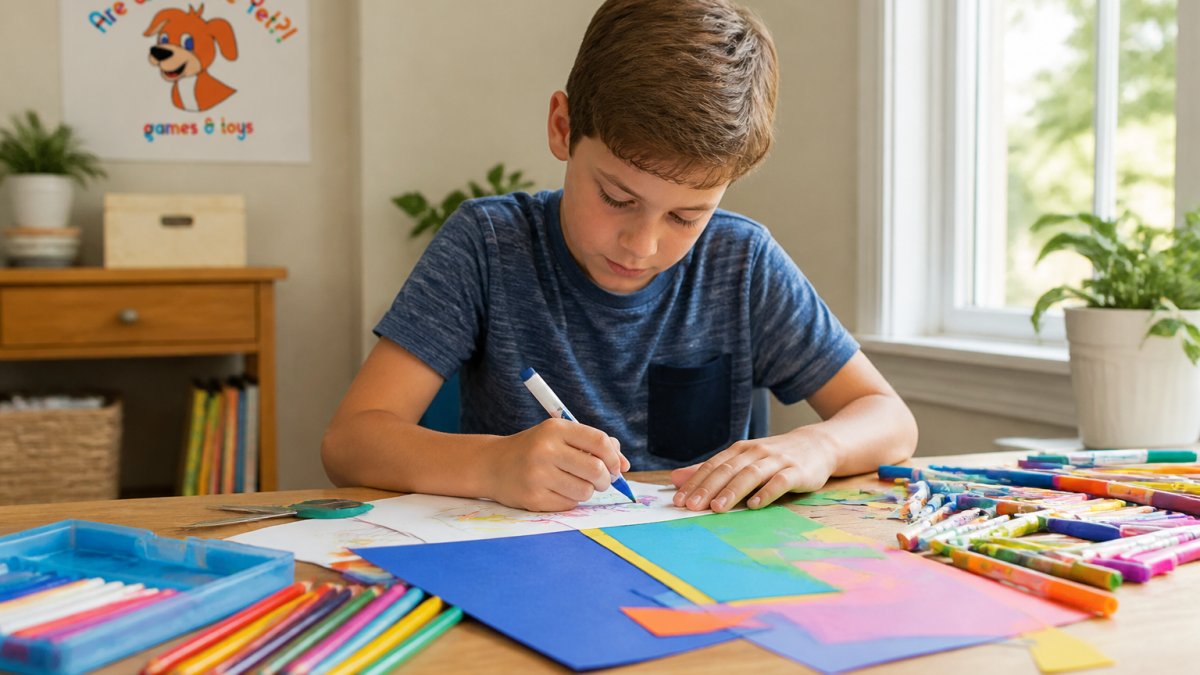 Nine-year-old child sitting at a wooden table concentrating on an arts and crafts project with colorful markers, colored pencils, and construction paper scattered around, bright natural light from window