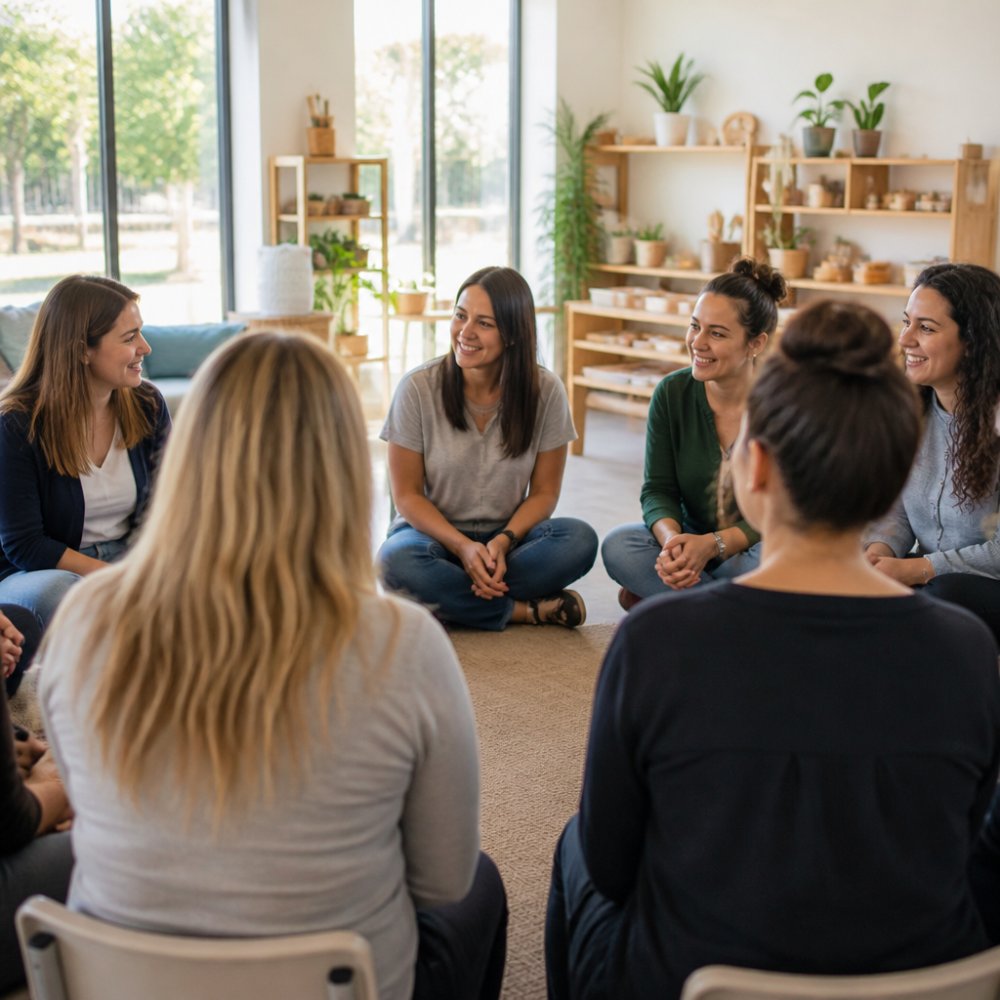 Diverse group of early learning educators sitting in a circle during a staff meeting, engaged in conversation, smiling and leaning forward, with natural sunlight streaming through windows in a bright, welcoming room