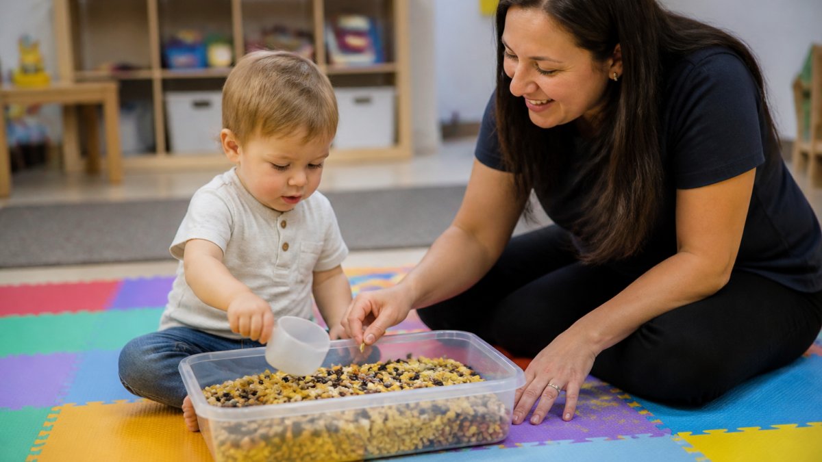 A toddler sitting on a colorful play mat, scooping dried pasta and beans from a shallow plastic bin with a small cup, while a caregiver kneels nearby smiling and guiding the child's hands