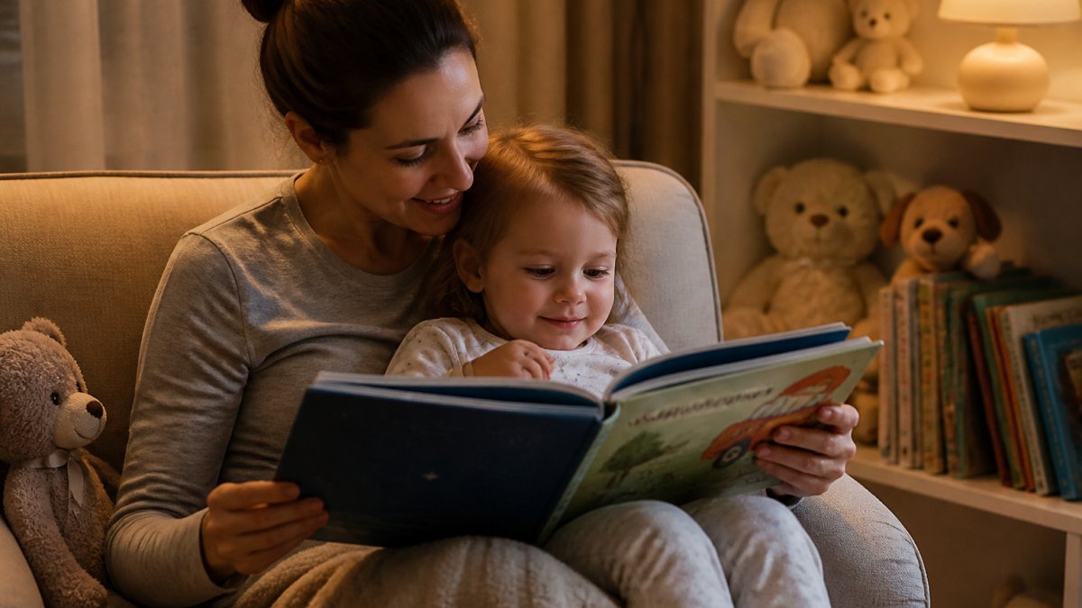 Parent reading colorful picture book to toddler snuggled on couch in warm, softly lit bedroom with stuffed animals nearby