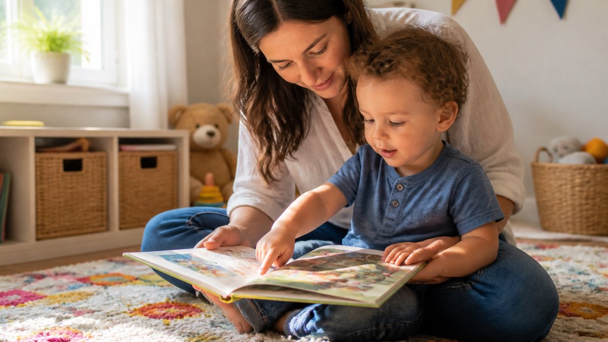 Parent and toddler sitting on a colorful rug reading an illustrated board book together in natural light