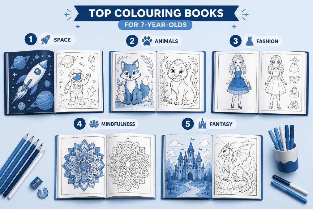 Flat lay arrangement of several different colouring books spread open, showing varied designs including space themes, animal illustrations, fashion sketches, and mindfulness patterns, with coloured pencils and markers arranged around them on a neutral background