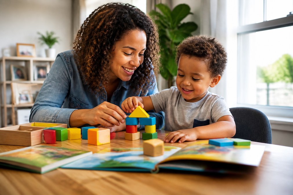 Parent and young child sitting together at a wooden table engaged with colorful building blocks and picture books, natural sunlight streaming through a window, both smiling and focused on the activity
