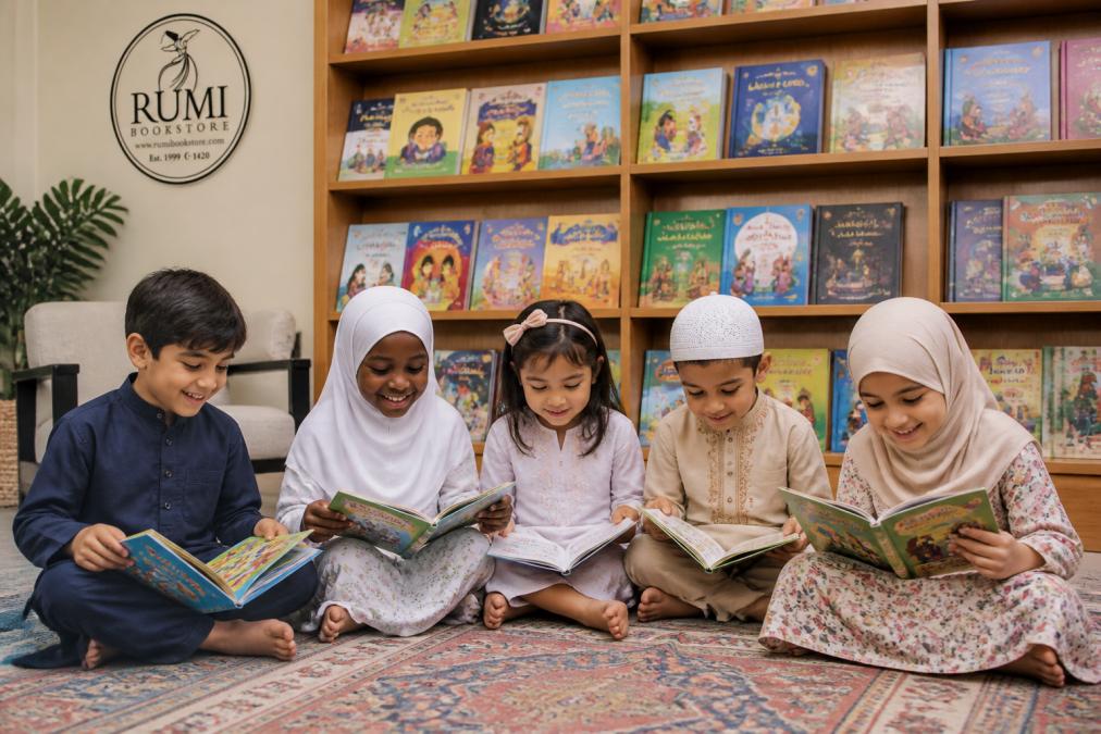 Diverse children sitting together and reading engaging Islamic books for young children on a colorful shelf.