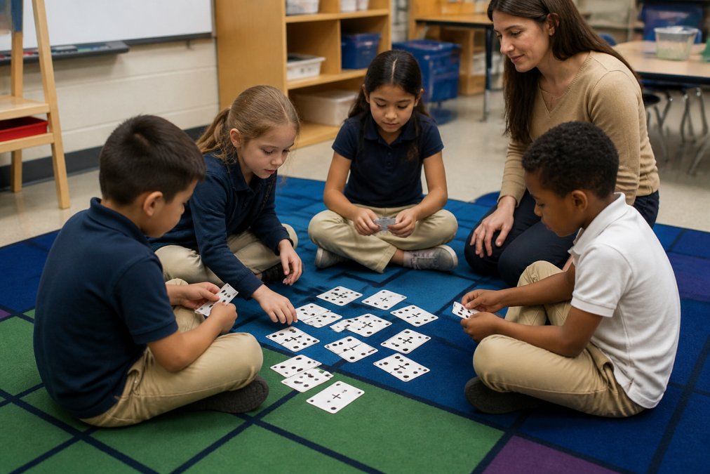 Elementary students playing engaging math games with cards on a classroom rug while their teacher observes