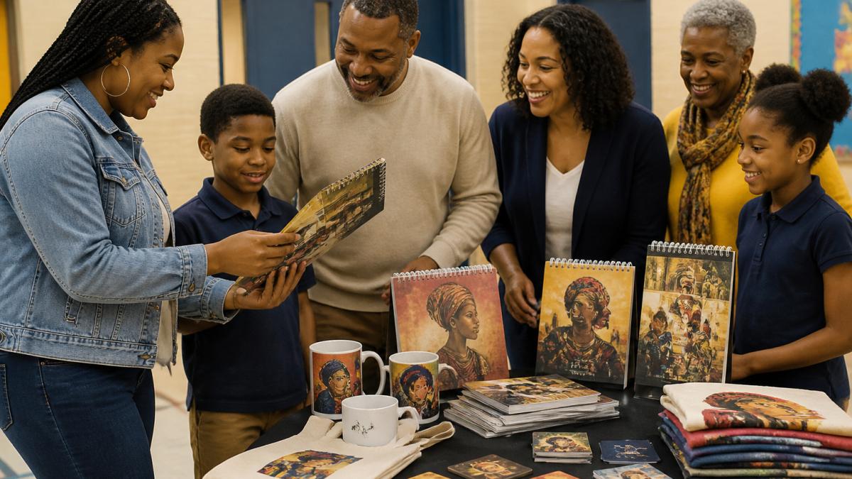 A diverse group of parents and students working together at a school fundraiser table, smiling and engaged, with culturally inspired products and calendars visible on display