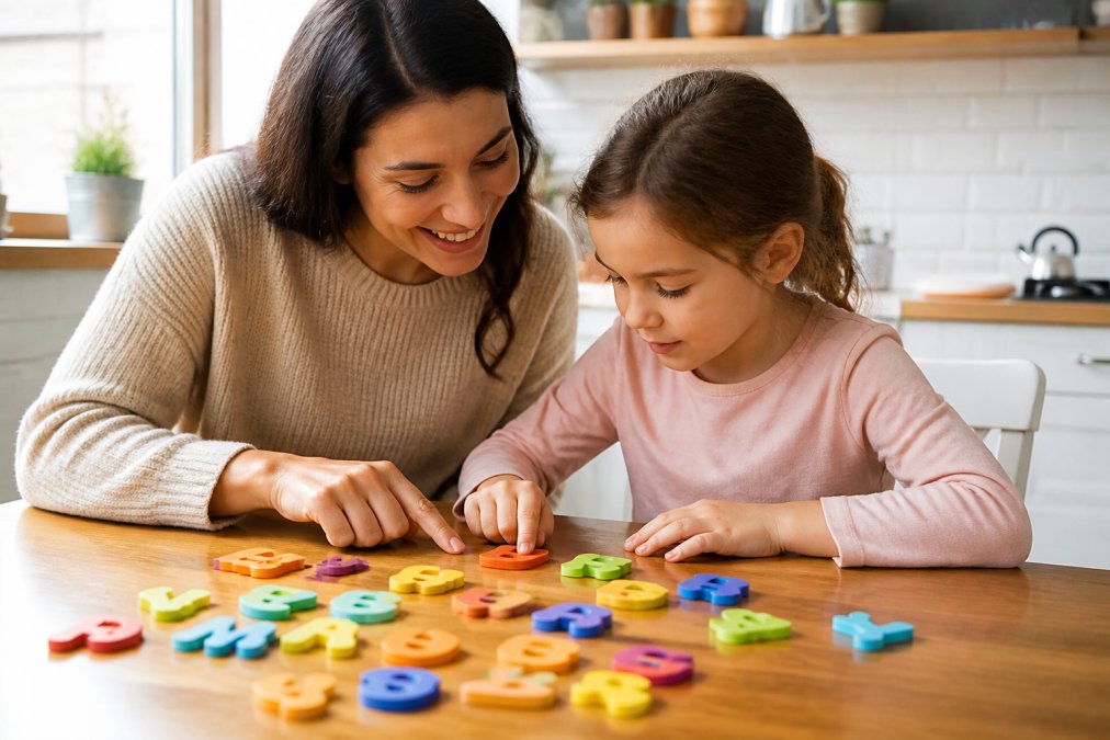 A parent and 7-year-old child sitting at a kitchen table with colorful letter tiles, building words together, warm natural light, focused and smiling