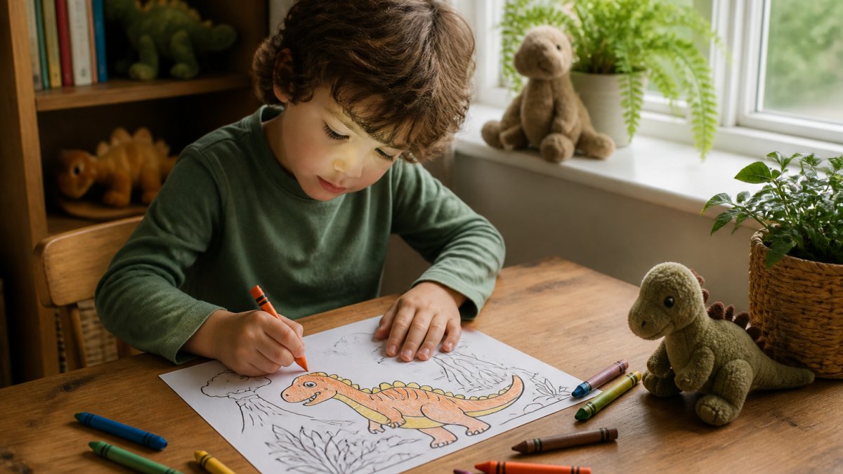 A young child sitting at a wooden table colouring a dinosaur-themed printable page with crayons, soft natural light coming through a window, cosy home setting