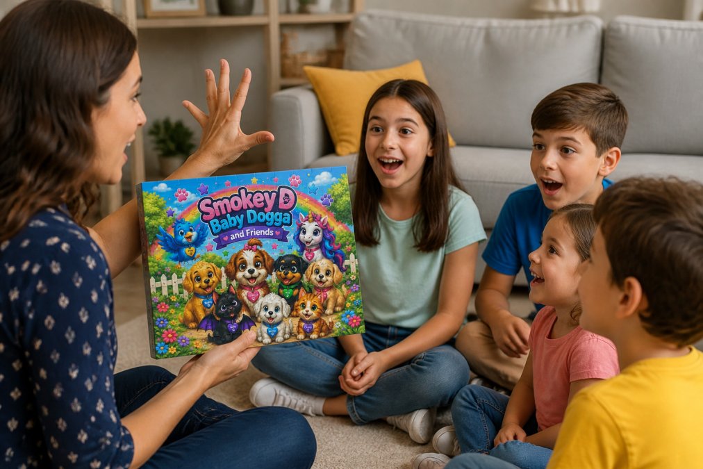 Children of different ages sitting in a circle with an adult doing animated hand gestures while reading, showing expressive facial expressions and engaged children reacting to the story