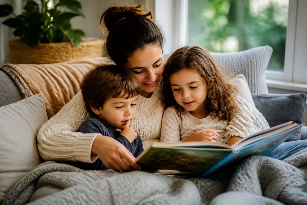 A parent and two children of different ages cuddled together on a sofa, reading a colorful picture book in a cozy, well-lit living room nook with pillows and a blanket