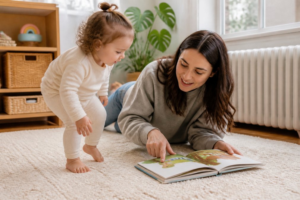Parent and preschooler sharing engaging stories while reading a board book and acting out the illustrations.