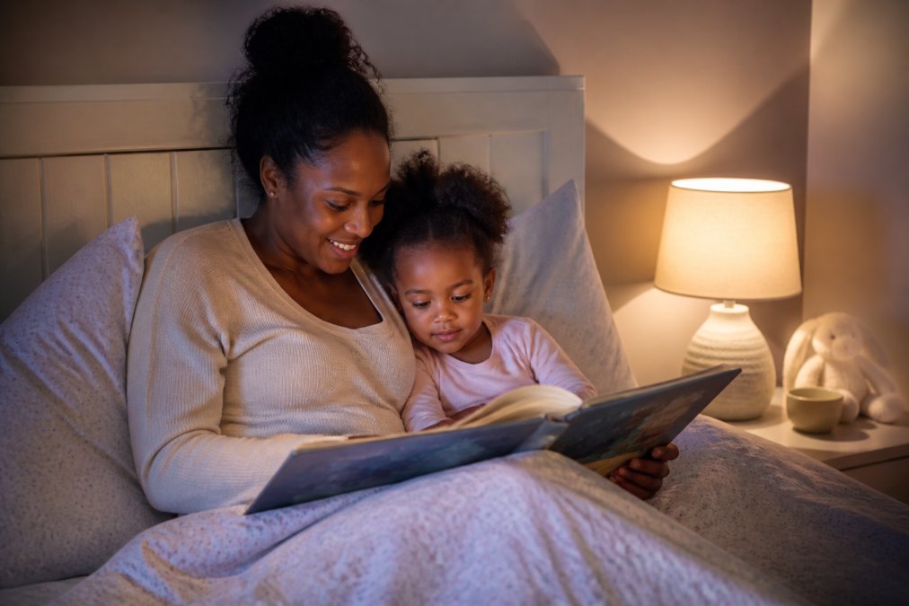 A parent and toddler cuddled in bed reading a colorful picture book together under warm lamp light, soft evening shadows on the wall