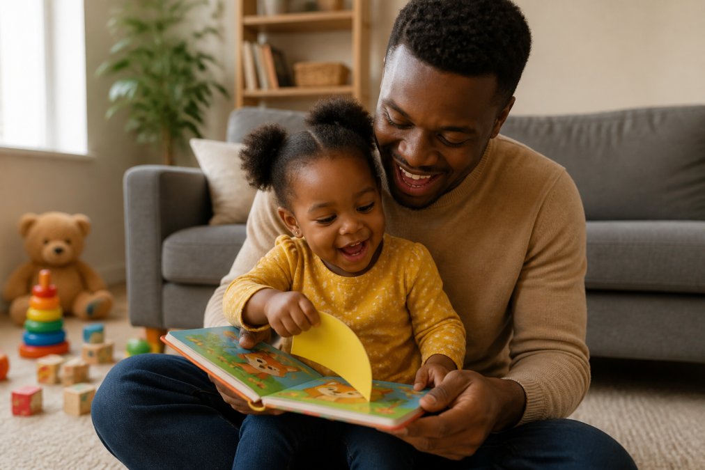 A young toddler sitting on a parent's lap lifting a brightly colored flap in a board book, both laughing together in a warm, softly lit living room with toys visible in the background
