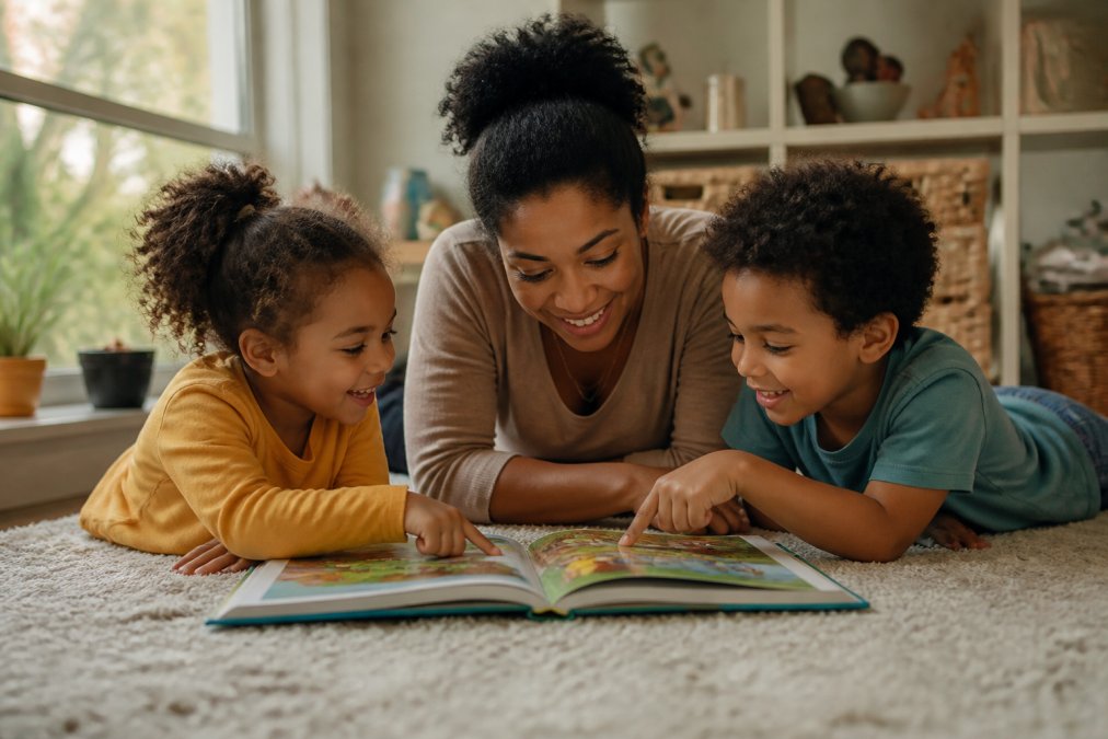 A caregiver and two young children gathered around an open picture book on a soft rug, the children pointing excitedly at colorful illustrations, warm afternoon light coming through a nearby window