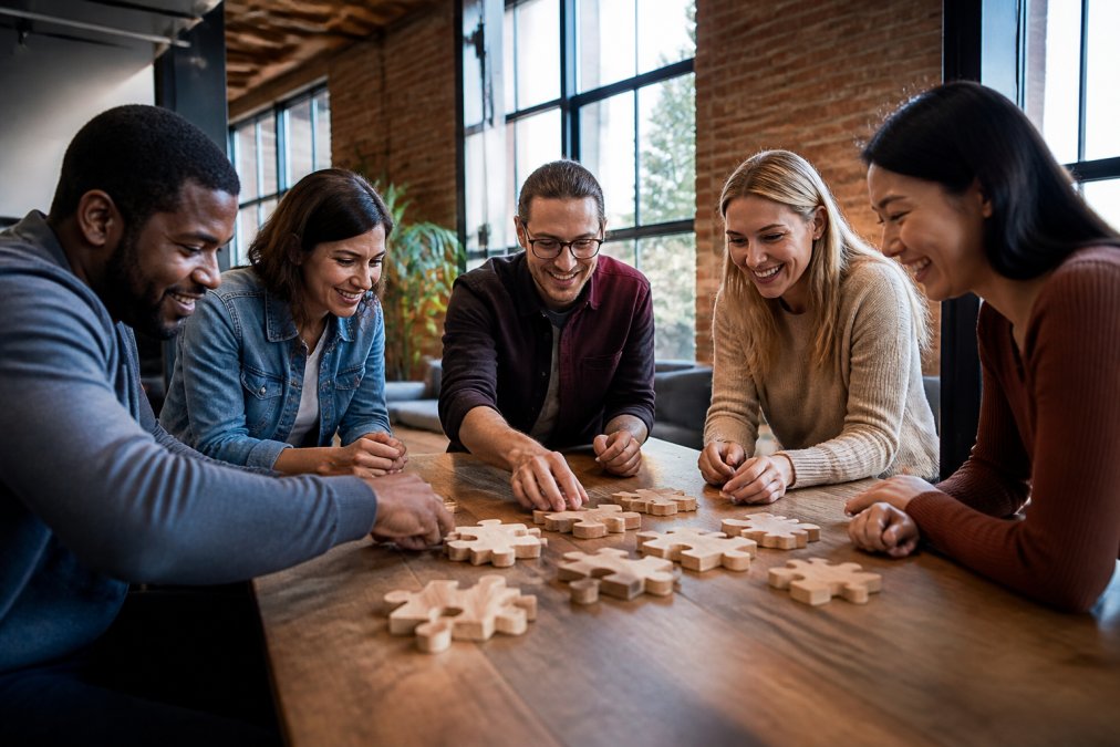 A diverse team of remote workers visible on a video call grid, smiling and leaning toward their screens during a collaborative moment, with some participants in home offices and others in professional settings, natural window lighting visible