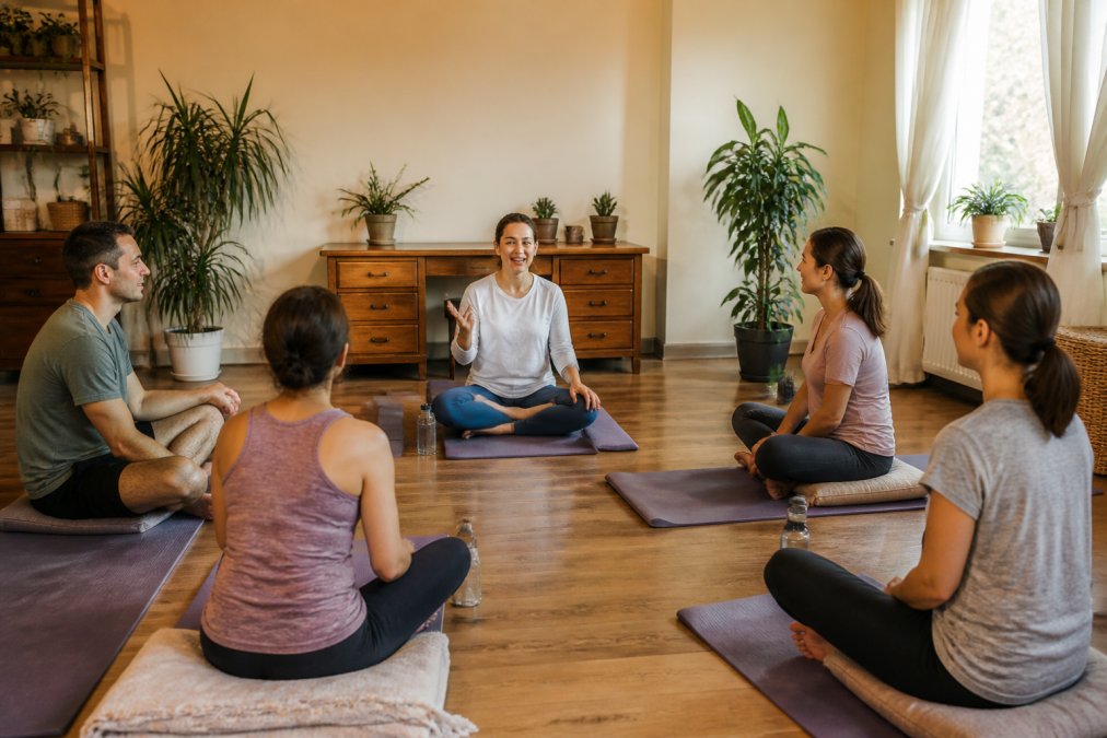 A professional facilitator on screen leading a virtual wellness session, with participants visible in their home office spaces, some sitting on yoga mats or cushions, engaged and relaxed, natural daylight from windows visible
