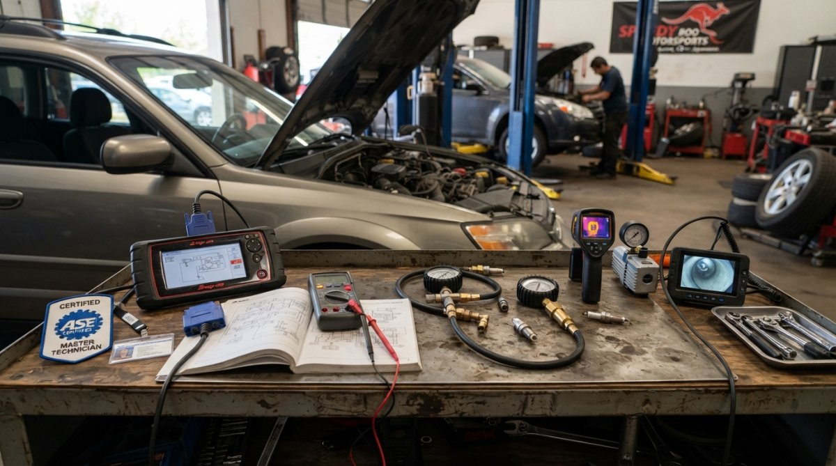 Certified technician performing engine diagnostic scan on a vehicle in a professional auto shop, with OBD-II scanner connected to the dashboard and diagnostic equipment visible