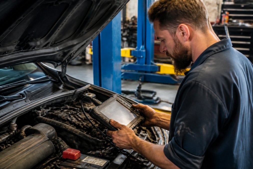 Professional mechanic using diagnostic scanner connected to vehicle's engine bay, reviewing real-time data on the scanner screen with focused concentration