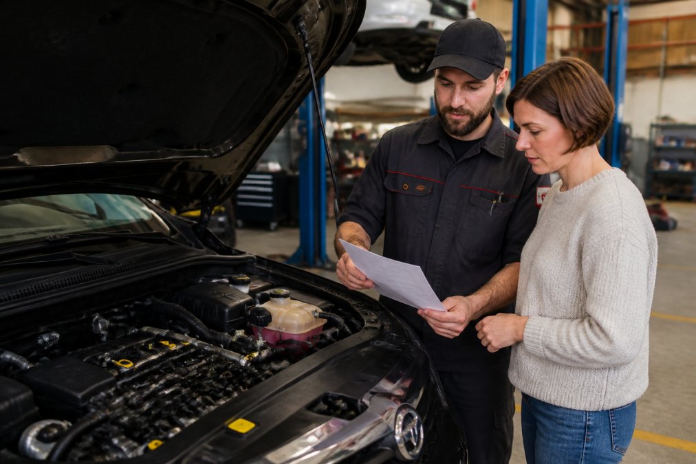 Mechanic handing printed diagnostic report to vehicle owner in workshop, both reviewing the detailed document together with visible code readings and system analysis