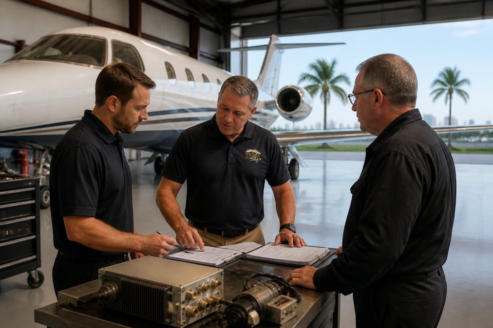 Aircraft maintenance team reviewing engine health monitoring reports and discussing implementation strategy in a modern South Florida hangar, with aircraft and monitoring equipment visible in background