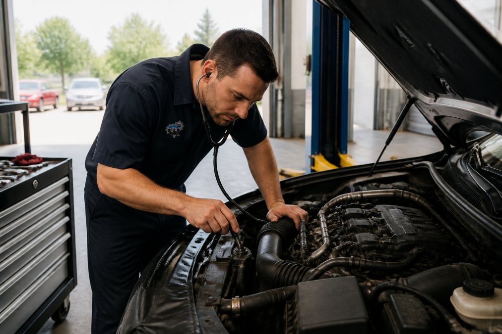 Professional mechanic using a stethoscope to listen near an open engine bay during diagnostic inspection, with natural daylight illuminating the engine compartment