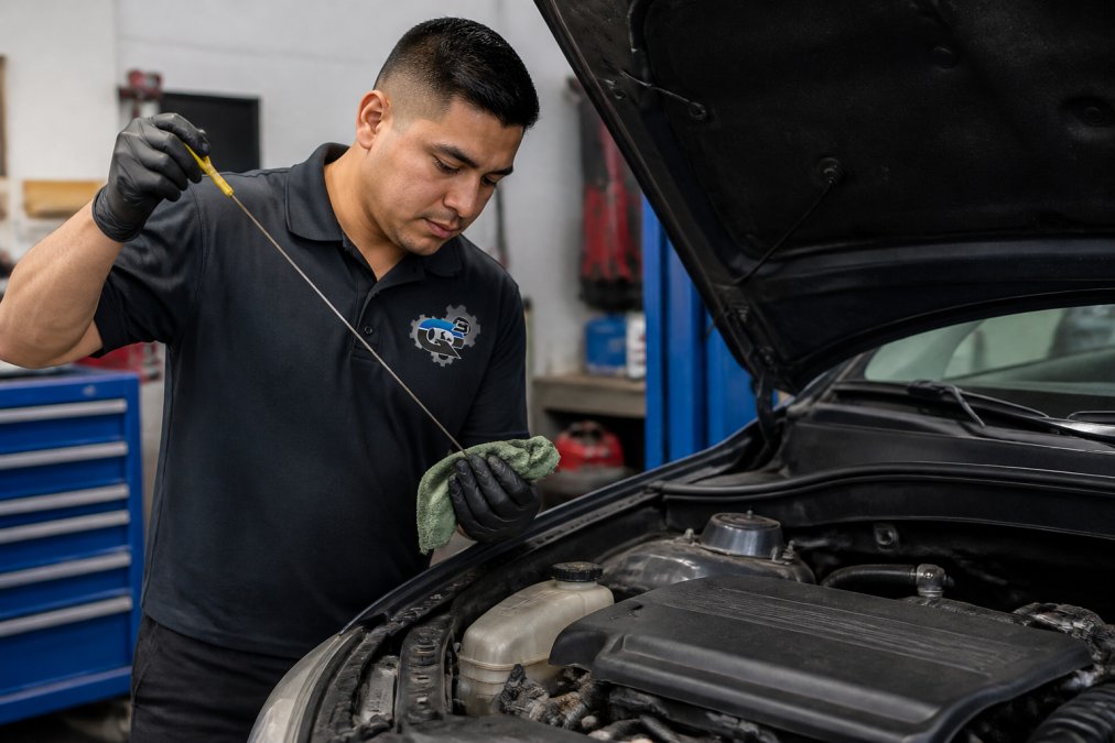 Technician checking engine oil level with dipstick, showing proper maintenance of a vehicle engine during routine service inspection