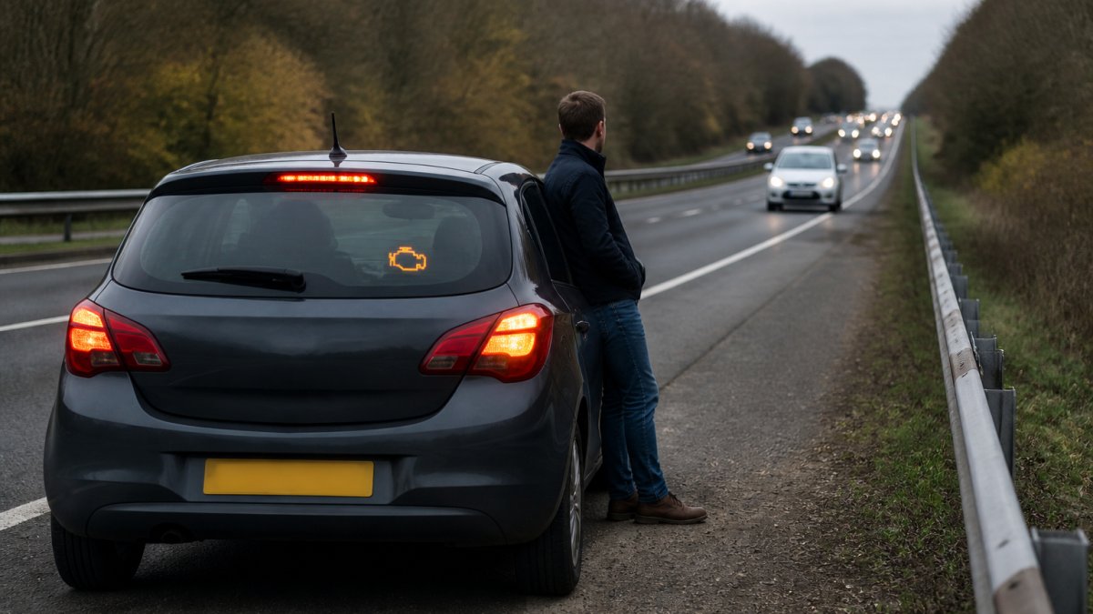 A driver pulling their car onto the hard shoulder of a UK dual carriageway, hazard lights on, dashboard warning light glowing amber through the windscreen