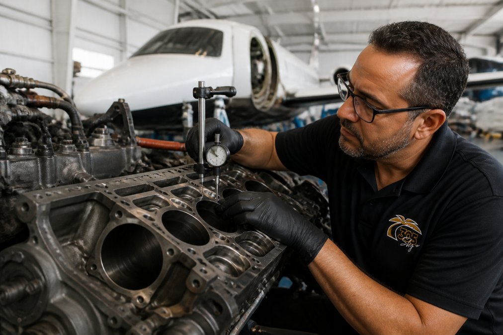 Aircraft mechanic inspecting an engine block with precision diagnostic tools in a well-lit maintenance hangar, showing the technical complexity of engine overhaul work and detailed component inspection