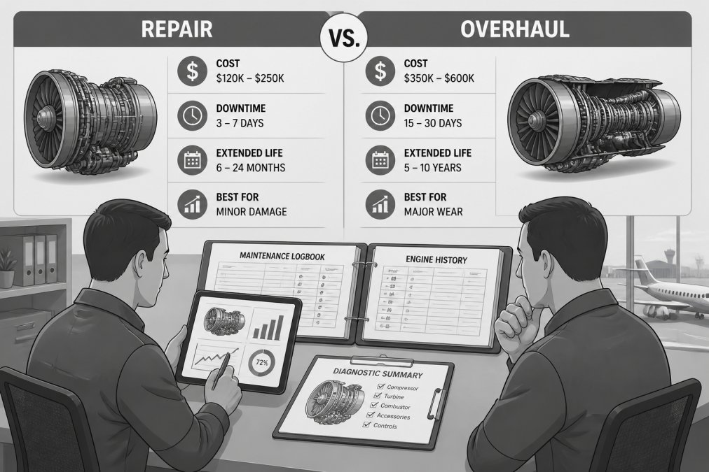 Maintenance team reviewing detailed aircraft maintenance logbooks and engine diagnostics on a tablet in a professional office setting, discussing repair versus overhaul options with technical documentation visible