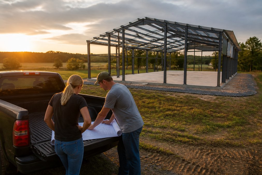 Homeowner reviewing metal building drawings on a truck tailgate at a rural construction site