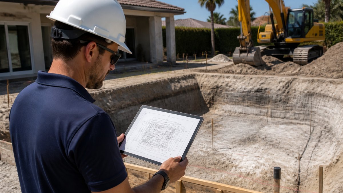 Structural engineer reviewing pool blueprints on a tablet at a site requiring engineering services for custom pool builds