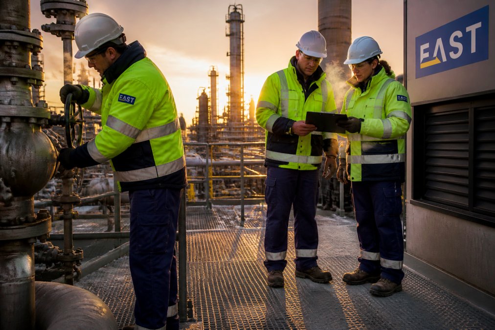 Engineering team on an industrial site at dawn wearing branded hi-vis vests, protective boots and weather-resistant jackets, one engineer checking equipment while others review a clipboard, low golden light and visible breath in cold air