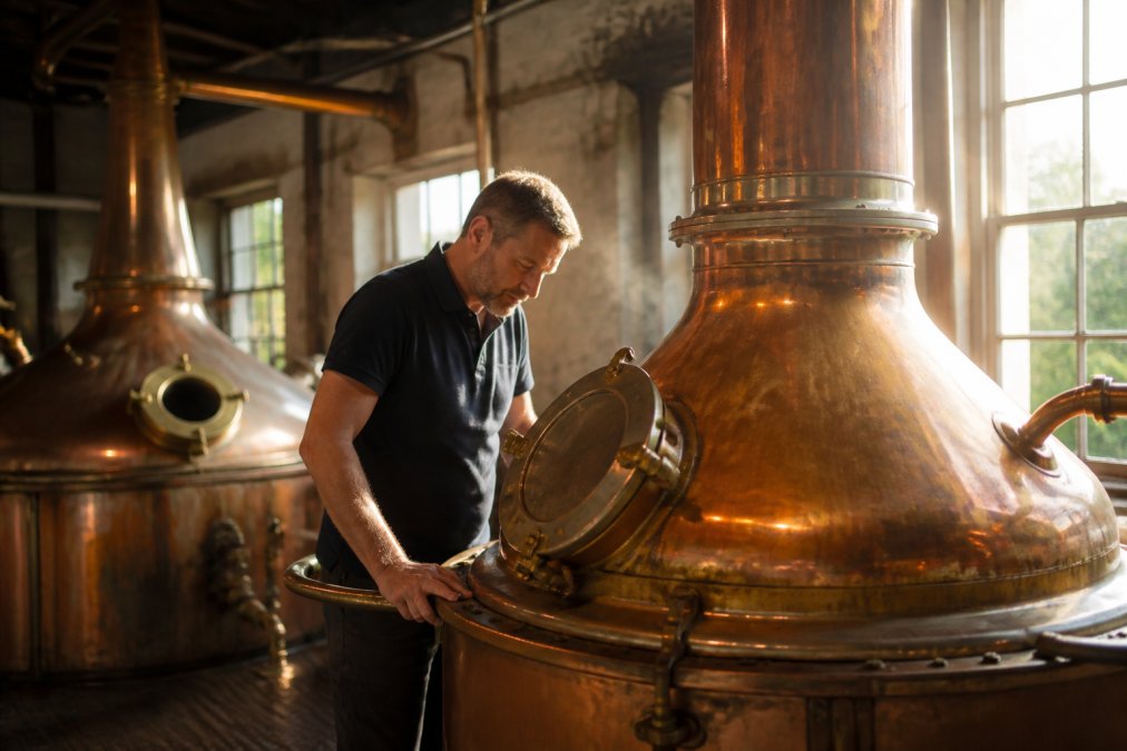 Professional distiller examining copper pot stills in traditional distillery with morning light filtering through the workspace, showcasing the craftsmanship of heritage spirit production