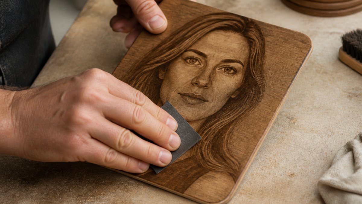 Close-up of hands carefully sanding a finished laser-engraved wood plaque showing a detailed portrait with smooth tonal gradation and minimal scorch marks, using fine-grit sandpaper in natural workshop lighting