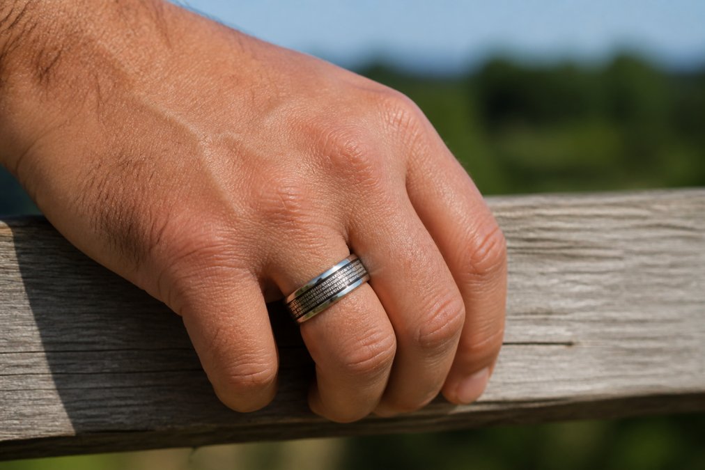Man's hand wearing a polished stainless steel engraved bible verse ring in natural daylight, showing the crisp engraved text and silver-tone finish detail