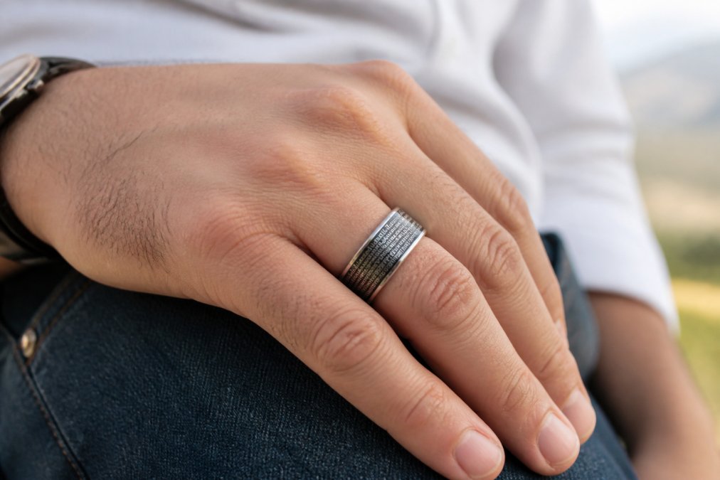 Professional illustration showing engraved bible verse rings