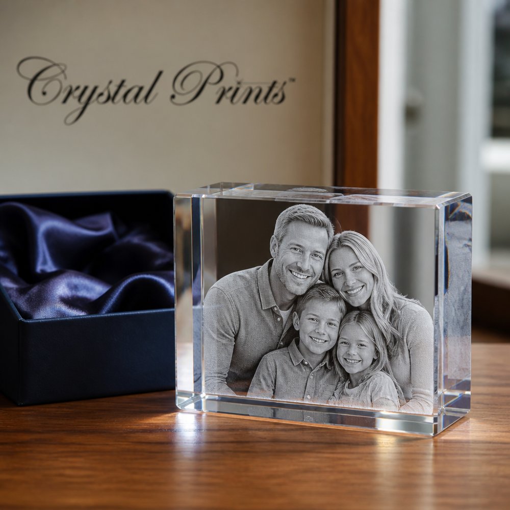 3D laser-engraved crystal gifts capturing a detailed family portrait with light refracting inside a velvet box