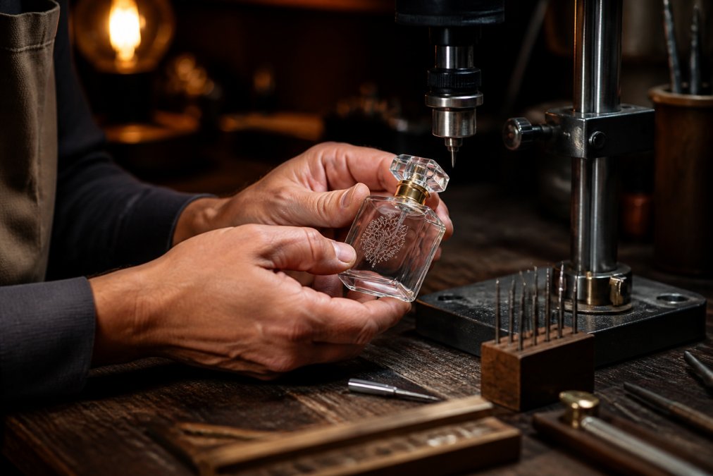 A perfumer uses a precision tool to create custom engraved perfume bottles on a dark wooden workbench.