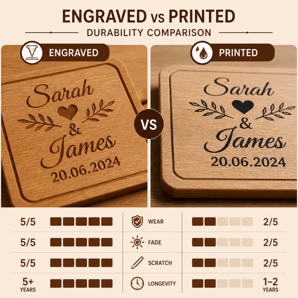Side-by-side comparison of engraved vs printed wedding gifts on wood, highlighting texture and detail durability.