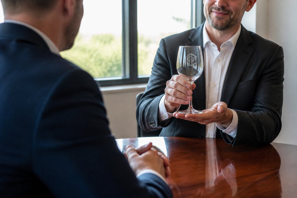 A professional hand presenting a single engraved wine glass with a corporate logo to a client across a polished boardroom table, natural light from a window