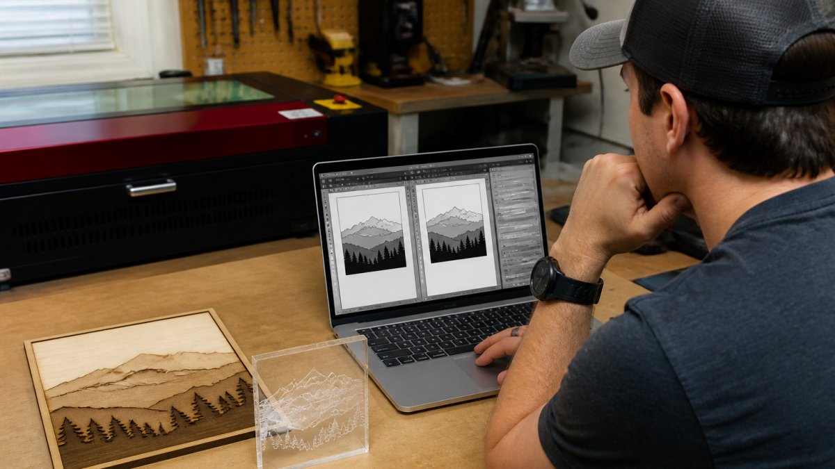 Comparison chart showing EngraveIQ vs CraftGineer features for laser engraving projects on a workshop desk.