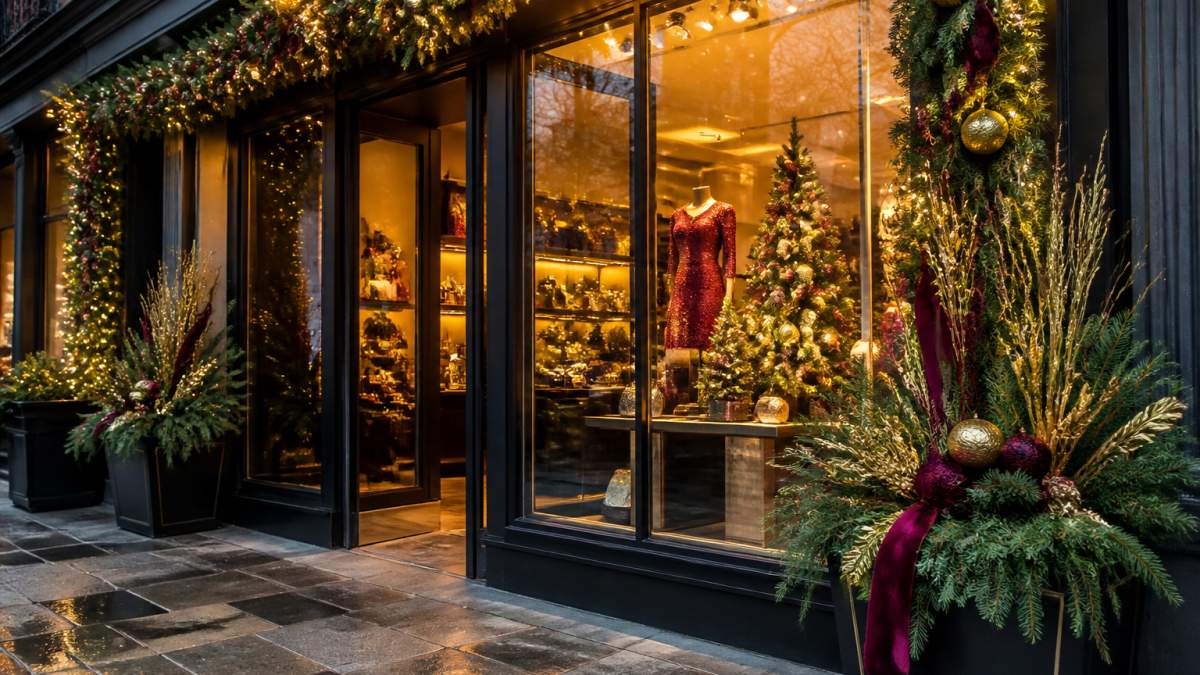 Elegant retail storefront with professional seasonal window display featuring evergreen garlands, warm golden lighting, burgundy and gold ribbons, and tastefully arranged holiday décor that draws pedestrians' attention