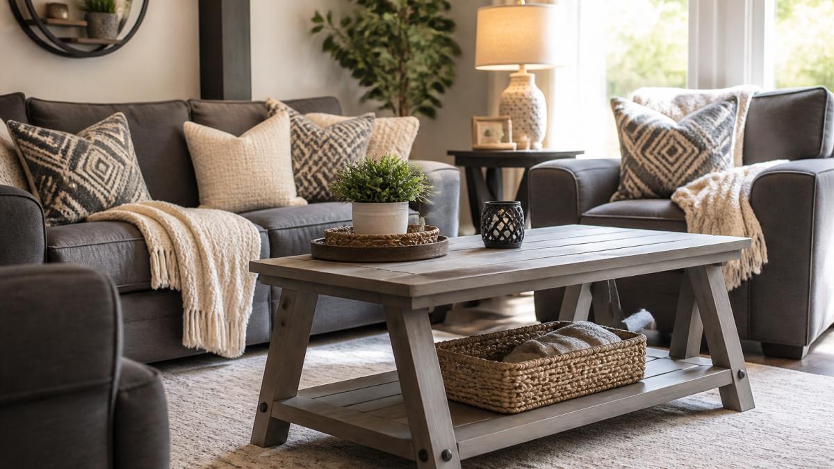 Modern living room with a gray ladder-shaped coffee table, comfortable seating arrangement, soft throw blankets, and geometric patterned pillows creating a cohesive, inviting space