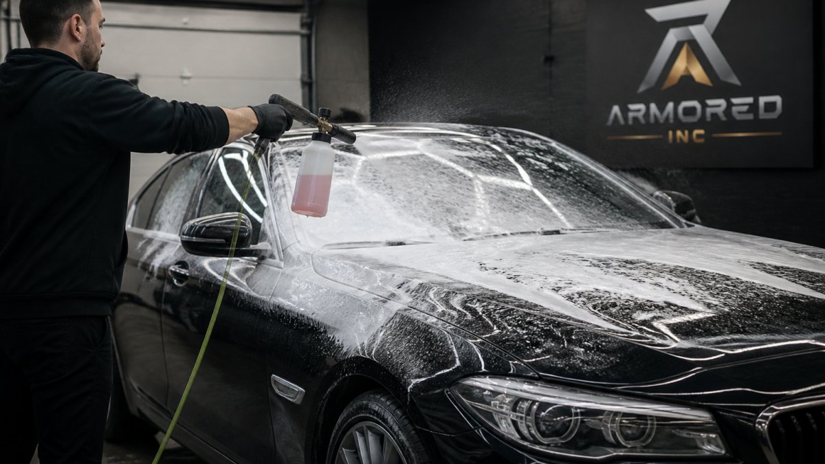 A professional detailer in gloves using a foam cannon to pre-soak a dark luxury sedan in a well-lit detailing bay, water beading on the paint