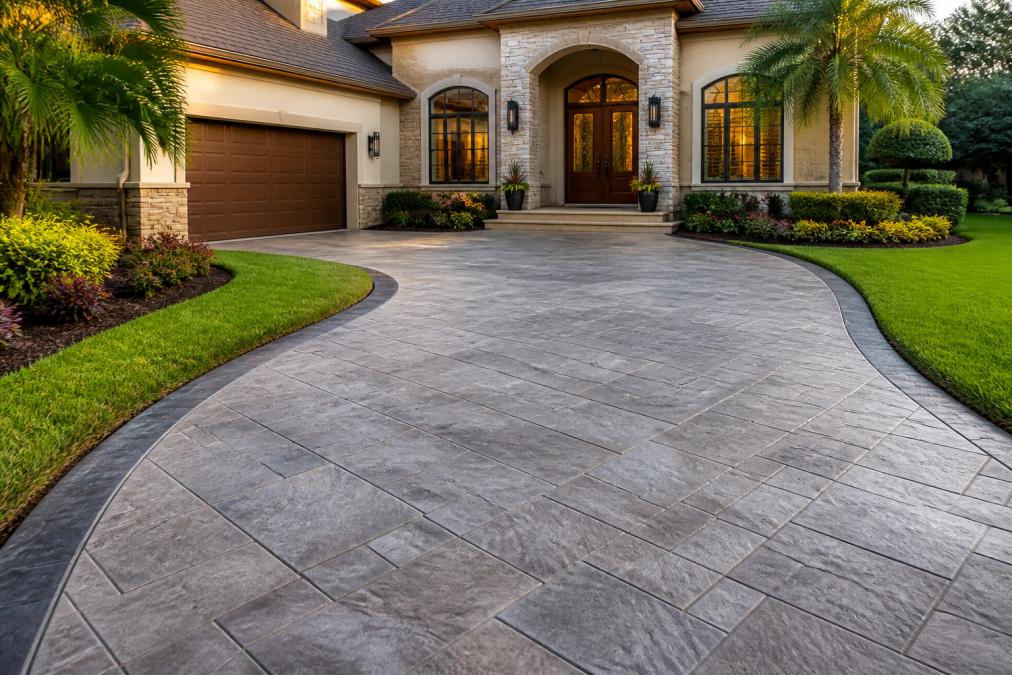 Professional concrete driveway with stamped decorative pattern and clean edges leading to elegant home entrance, showing precise finishing and architectural detail