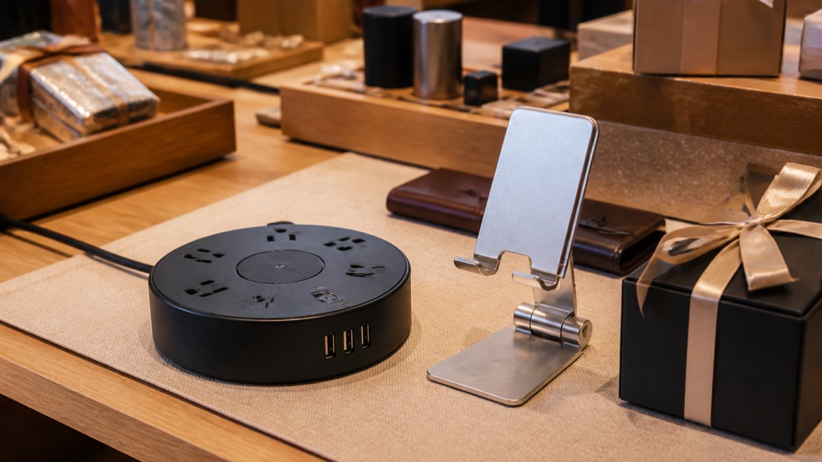 A well-organized luxury gift shop display table featuring a sleek round smart power strip with USB ports and a compact folding metal phone stand, styled with warm lighting, linen runner and premium gift boxes