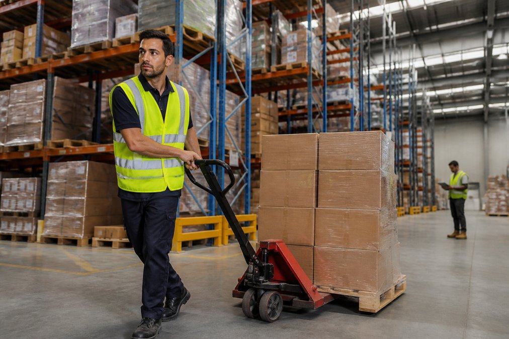 Warehouse worker wearing high-visibility gear while operating a pallet jack for enhanced safety on the job for warehouse